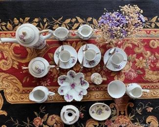 Dainty Miniature Purple and Wite Tea Set Plus Extra Pieces