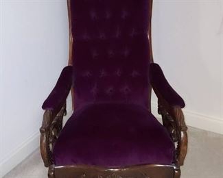 Exquisite Antique Beautifully Carved Rocking Chair Purple Velvet Upholstery
