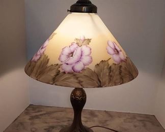 Gorgeous Antique Flemish Finish Table Lamp with Hand Painted Glass Shade