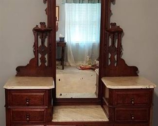 Gorgeous Antique Walnut and Burl Wood Drop Center Dresser with Marble tops and Mirror