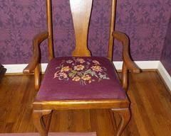 One Antique Oak Armed Dining Chair Fiddle Back with Handmade Needlepoint Covers