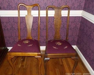 Pair of Antique Oak Fiddle Back Dining Chairs with Needlepoint Covered Seats