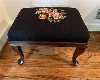 Queen Anne Black Floral Needle Point Footstool