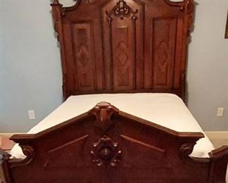 Stunning Victorian Renaissance Walnut and Burl Wood Three Quarters Bed Includes Fitted Mattress Boxsprings and Bed rails
