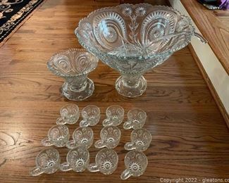Stunning Horseshoe Radiant Daisy Punchbowl with Matching Pedestals and Matching Cups