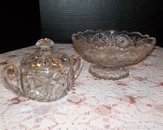 Victorian Style Cut Crystal Lidded Sugar Bowl and a Vintage Pedestal Serving Centerpiece Bowl