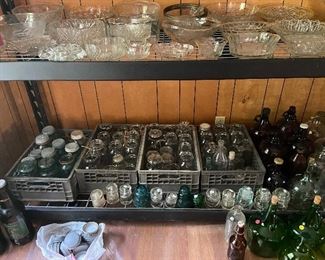 Blue Masonscwith zinc lids, jugs, masons with wire and glass tops