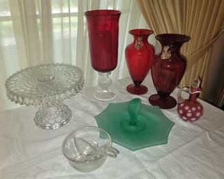 Vintage pedestal cake plates and other Victorian to depression glass art