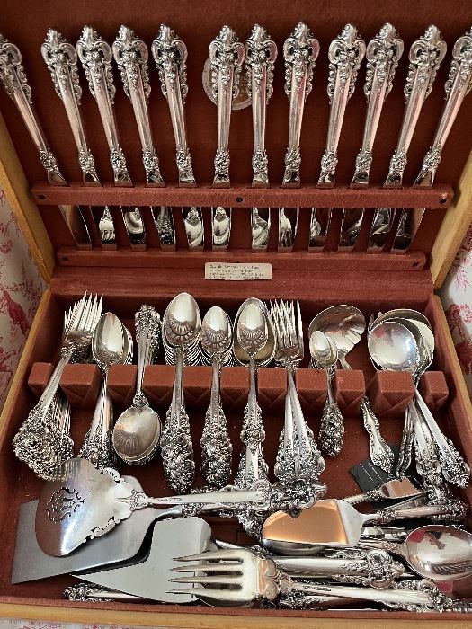 Wallace Grand Baroque Sterling flatware in case purchased in 1968 - full dinner service includes 12 each of knife, dinner fork, salad fork, tablespoon, soup spoon, demitasse spoon and butter knife with an additional 17 serving pieces and 12 extra teaspoons - 125 pcs total 