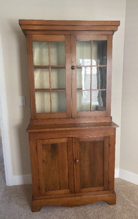 2 Piece Antique Wooden China Hutch With Glass Doors