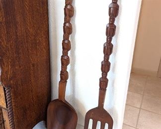 Mid Century Carved Teak Fork and Spoon (Philippines)