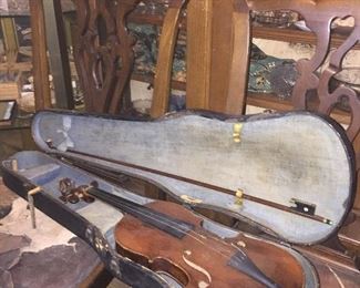 German violin, bow marked Ole Bull / Germany with inlaided Mother of Pearl, Wooden case with tag Lyons Healy, Everything Known in Music, Chicago