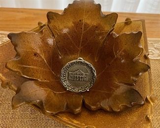 Colonial Pewter Alamo, Clayworks Fall Leaf, Handmade Floral Base w Built-in Frog