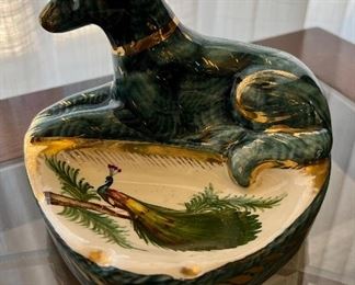 1956 Hubert Bequet Quareregnon Hand-painted Dog Peacock Dish Ashtray Belgium