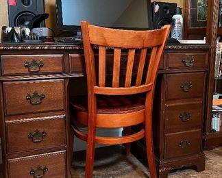 Vintage Desk w Leather Top and Glass , Chair