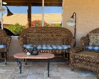Wicker Patio Set Gliders, Decorative Ladder, Lighting and more...Sandstone Table