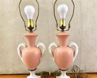 Antique French Urn Pink & White Ceramic Lamps