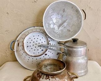 Vintage colanders (copper, aluminum, enamelware), Vintage double boiler