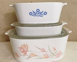 Corningware - white, cornflower blue
