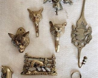 Brass fox hooks, brass horse candle snuffer
