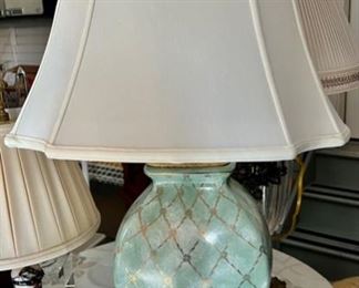 664. 30" Porcelain Celadon & Gold Lattice Design Table Lamp