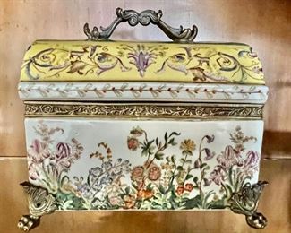 526. 1895 Floral Painted Porcelain Box w/ Handled Lid (9" x 6" x 8")