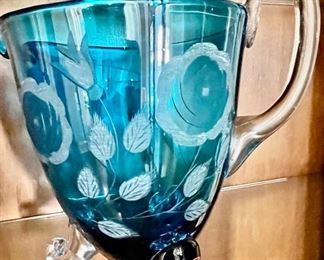 529. 8" Cut to Clear Turquoise Pitcher w/ Footed Base
