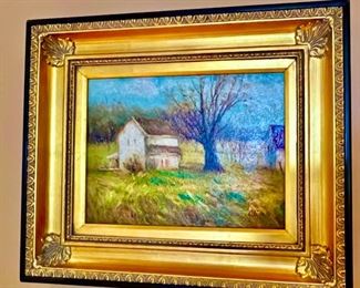 533. Painting of Farmhouse Scene by Alison in Gilt Frame (Art 12" x 16", Overall Size 24" x 20")