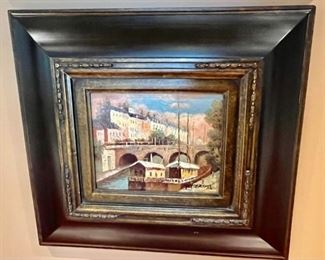 534. Painting of European Aquaduct Scene by Peterson in Wood Frame (Art 8" x 10", Overall Size 21" x 19")