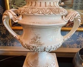 554. Antiqued Italian White Handled 20" Urn on Pedestal 
