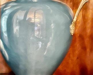544. 14" Dominic Turquoise Porcelain Urn w/ Metal Detail