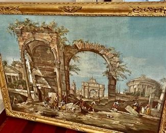 571. 19th Century Grand Tour Oil on Canvas (Topographical View of a Roman Forum w/Figures) w/ Carved Gilt Frame (44" x 33")
