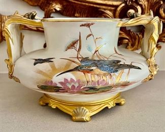 574. Rare Royal Worcester Bowl w/ Cattails & Frog Handles, c. 1890 (9 1/2" x 6")