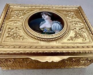 570. Gilt Bronze Signed Limoges Enamel Portrait Box, France c.1900 (5 1/2" x 4" x 2")