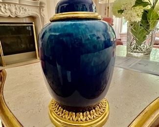 597. 12" Porcelain Blue Lidded Urn w/ Metal Detail