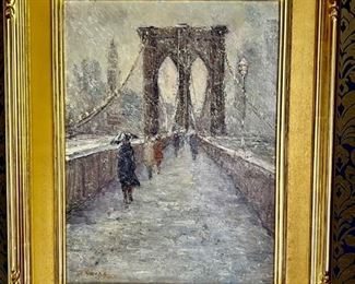 622. Oil on Canvas "Brooklyn Bridge Promenade" in Gilt Frame by Mark Daly (Art 17" x 23", Overall size 26" x 33") 