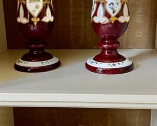 633. Pair of Fluted Pigeons Blood Glass Handpainted Trumpet Floral Vases 