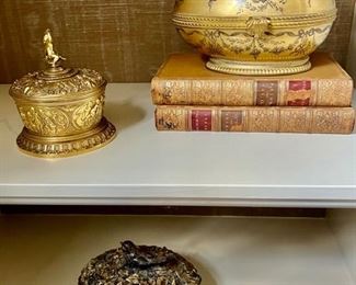 632. Porcelain de Paris Gilt Enameled Egg Box, France c. 1920 (6" x 4" x 5")                                                                             642. 2 Antique Leather Books, Life of Oliver Goldsmith, London 1764