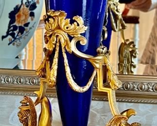 641. French Gilt Bronze Empire Ormuolu & Cobalt Trumpet Vase in Egyptian Style, c. 1880 (9' x 17")