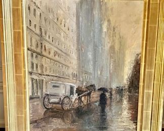 646. Original Oil on Canvas "Rainy Day, Central Park" by Mark Daly w/ 22K Carved Frame (Art 15" x 20" Overall Size 22" x 26")