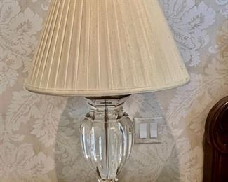 648. Pair of 32" Solid Crystal & Antique Brass Lamps w/ Round Pleated Fabric Shade