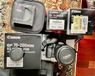 67. Canon EOS 5D Mark III Camera
68. Canon EF 70-200mm Lens w/ Case & Lens Hood
70. Canon EF 16-35mm Lens w/ Lens Case & Lens Hood
77. Canon Ultrasonic EF 70-300mm Lens
78. Canon Ultrasonic EF 135mm Lens