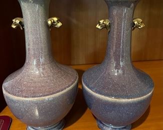 108. Pair of Song Dynasty Amethyst Glazed Vase w/ Brass Dog Handle (13")