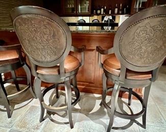 156. Set of 3 Frontgate Leather Swivel Bar Stools w/ Nailhead Detail (48"h) 