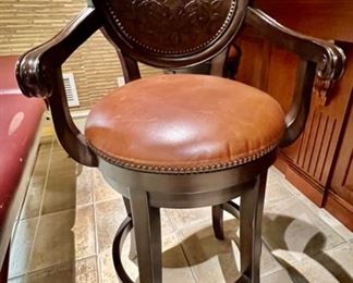 156. Set of 3 Frontgate Leather Swivel Bar Stools w/ Nailhead Detail (48"h)