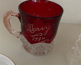 ANTIQUE CRANBERRY FLASHED MUG "BARRY 1934 