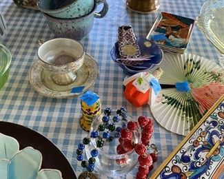 CINNABAR BEADS NECKLACE AND LAPIS LAZULI  HAND THROWN POTTERY CUPS 