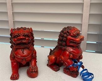 Pair of Chinese Foo Fu dogs, red resin, feng shui protection