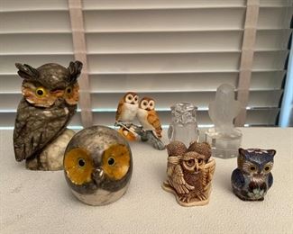 Owls: Gorham vignette saw-whet, handcarved alabaster, cloisonne, Goebel 1985 glass owl, vintage Mexican owl, Millefiori mini owl. 
