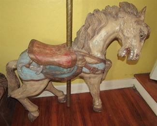 Antique solid wood carousel horse on brass pole
